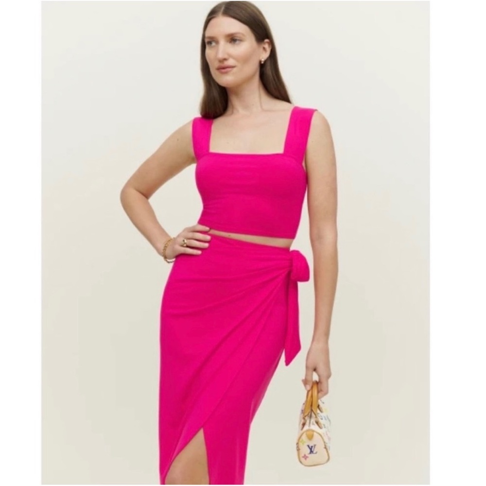 Reformation Rika Two-Piece Crop Top & Wrap Skirt in Corvette (hot pink)